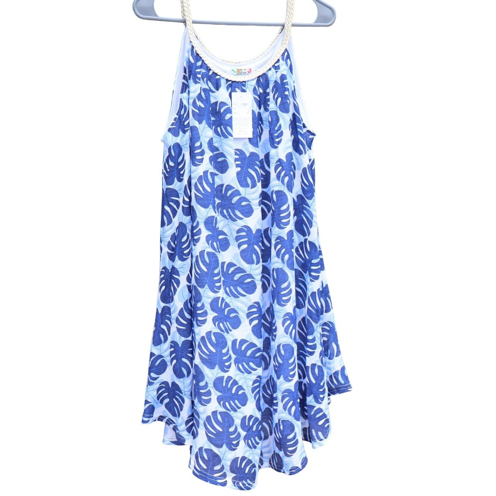 India Boutique Blue White Monstera Leaf Print Braided ‎ Women Dress One Size